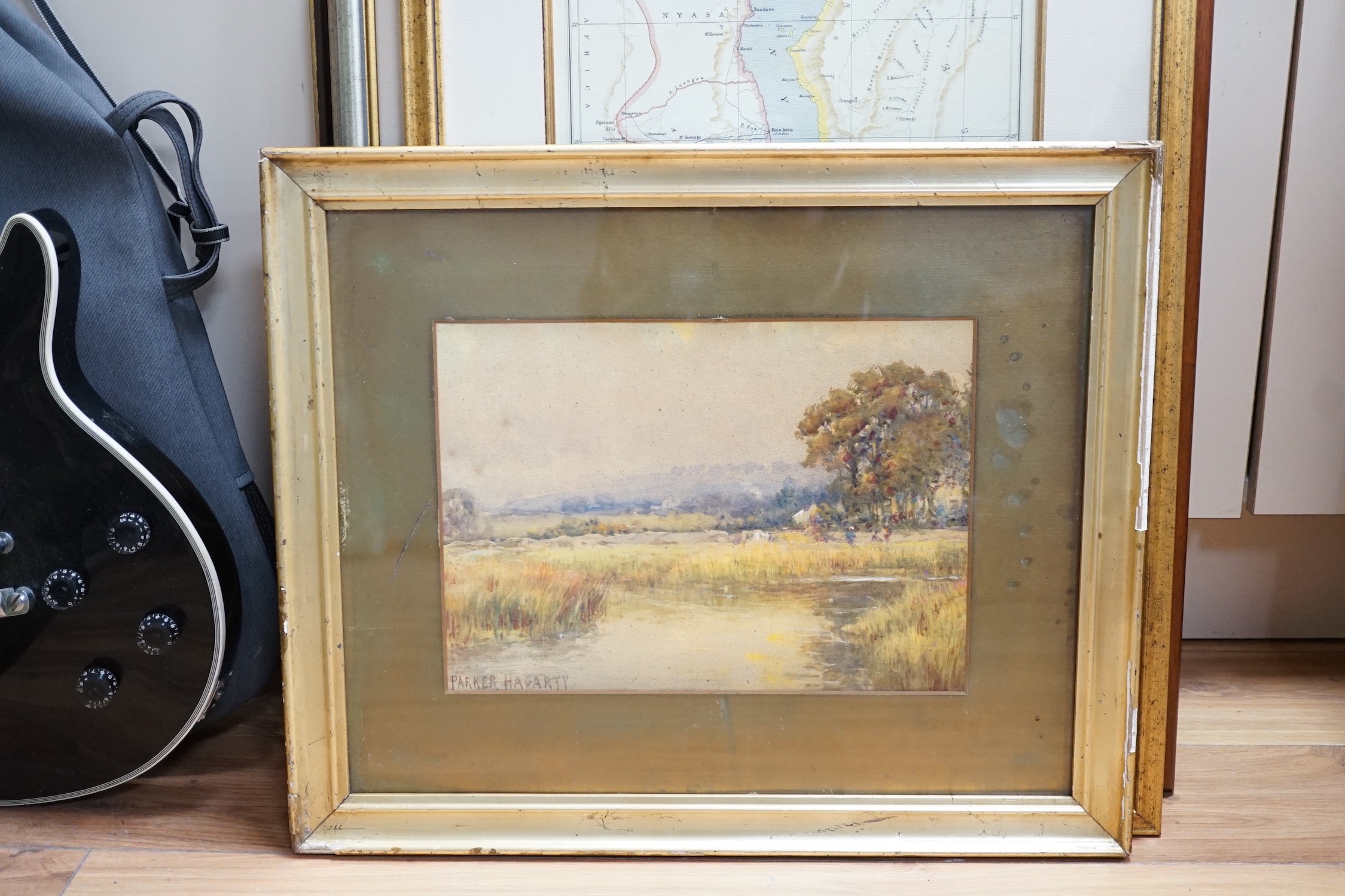 Parker Hagarty (1854-1934), watercolour, River landscape, signed, 25 x 34cm, and two watercolours, a still life of fruit and a study of doves by Edith Cottam (Exh.1886-1892), signed and dated 1892, 32 x 46cm